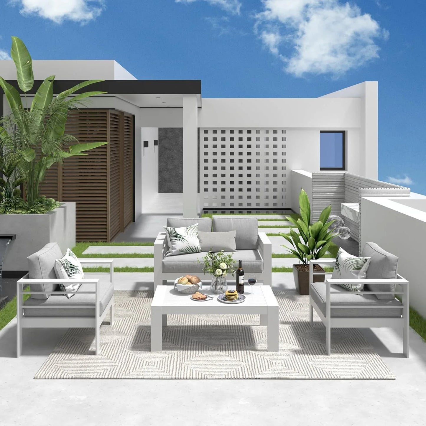 CozyHom Modern Outdoor Patio Aluminum Black Coffee Table, All Weather Metal Outdoor Rectangle Coffee Table Long Table, Black