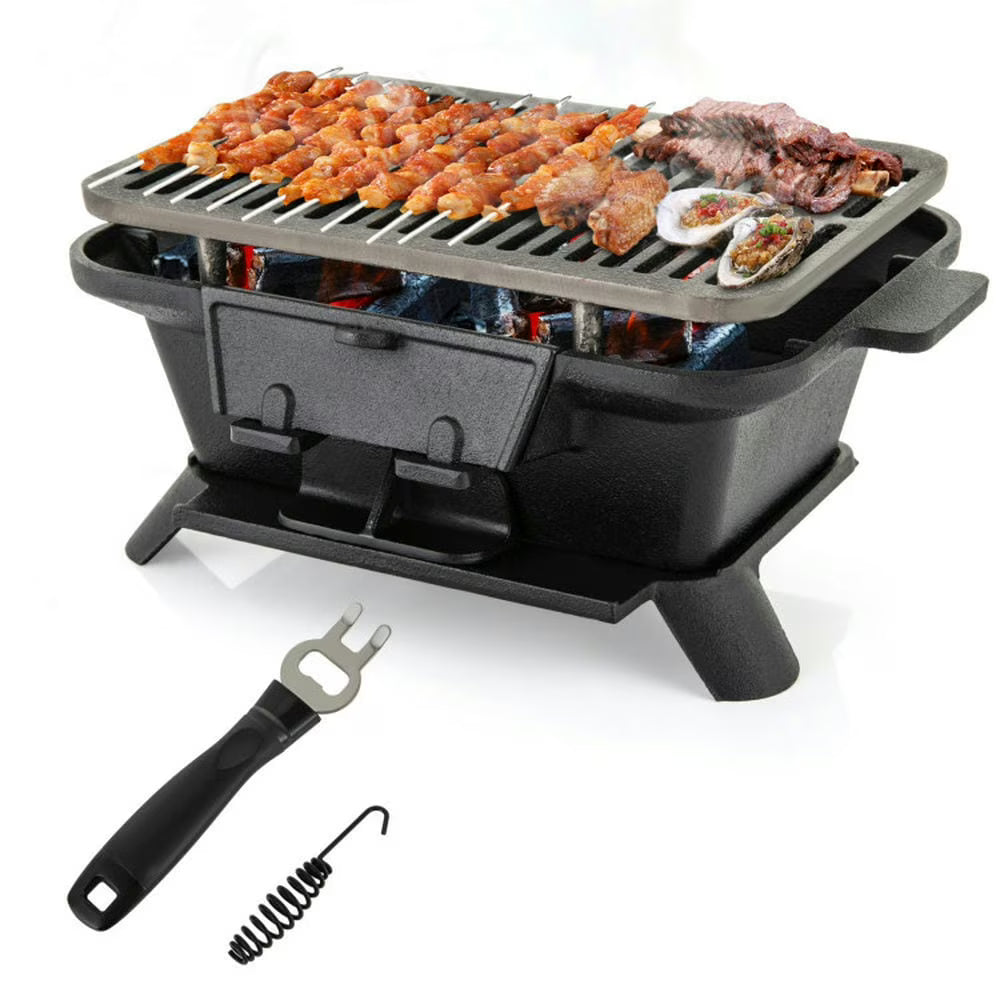 Aimee Lii 100% Cast Iron Hibachi Grill with Grill Grate Lifter, Outdoor Grill for Patio Garden