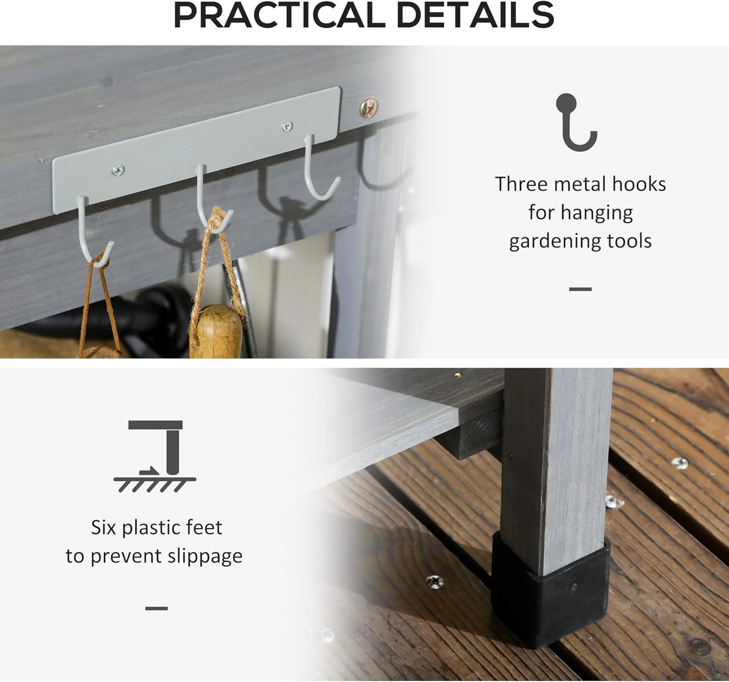 SSyao Potting Bench Table, Outdoor Wooden Garden Workstation with Removable Sink, Faucet, Storage Drawer, Shelves & Tool Hooks, Gardening Table for Patio, Backyard, Greenhouse, Planting Tasks,Gray