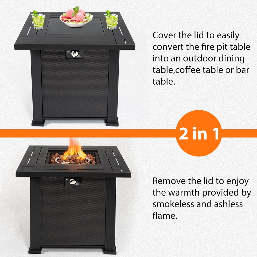 SEGMART 28'' Outdoor Gas Fire Pit Table, 40,000 BTU Propane Patio Heater with Lid and Lava Rocks, Propane Fire Pit Table with Auto-Ignition for Garden Patio Backyard Picnic