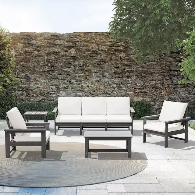 JUSTLET HDPE Patio Sofa Set, All Weather Outdoor Patio Furniture Set, 3-Seater Couch,2 Armchair,1 Side Table,1 Coffee Table, Navy Frame with Khaki Cushion