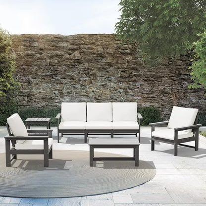 JUSTLET HDPE Patio Sofa Set, All Weather Outdoor Patio Furniture Set, 3-Seater Couch,2 Armchair,1 Side Table,1 Coffee Table, Navy Frame with Khaki Cushion