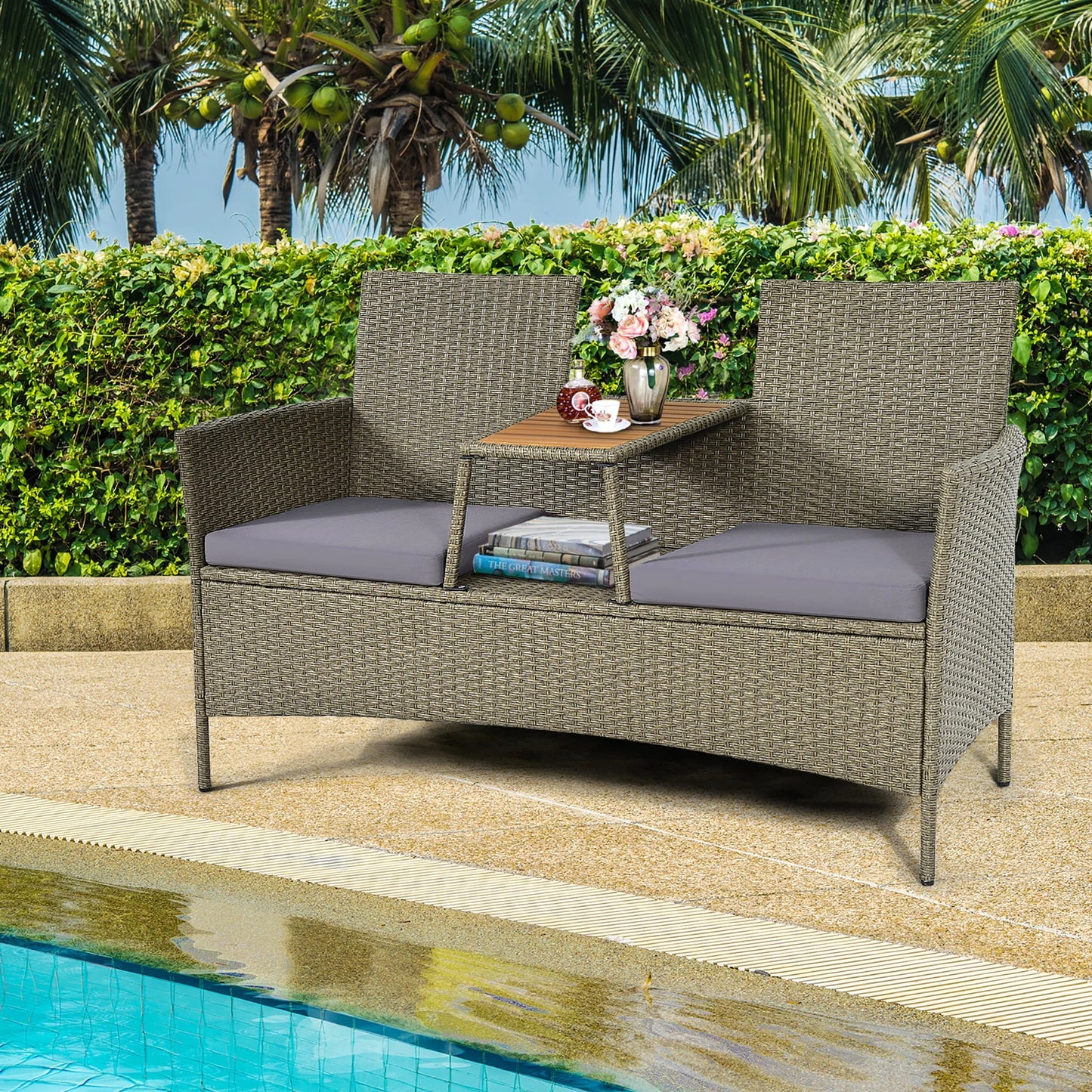 Costway 2-Person Patio Rattan Conversation Furniture Set Loveseat Coffee Table