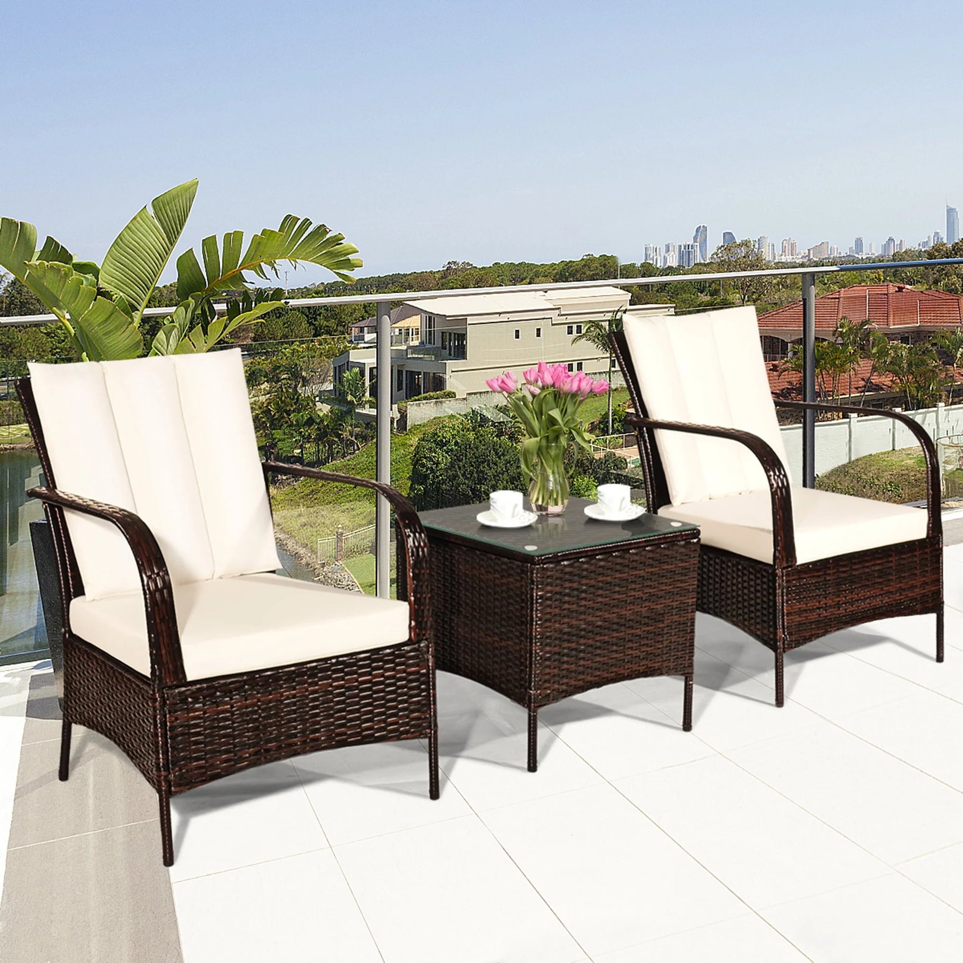 Gymax 3PCS Patio Outdoor Rattan Conversation Set Furniture Set w/Table Cushions