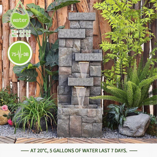 44.5 Inches Modern Fountain 4 Tired Floor Standing Outdoor Fountain with Lights Pump for Garden Patio Backyard Porch Home Art Decor