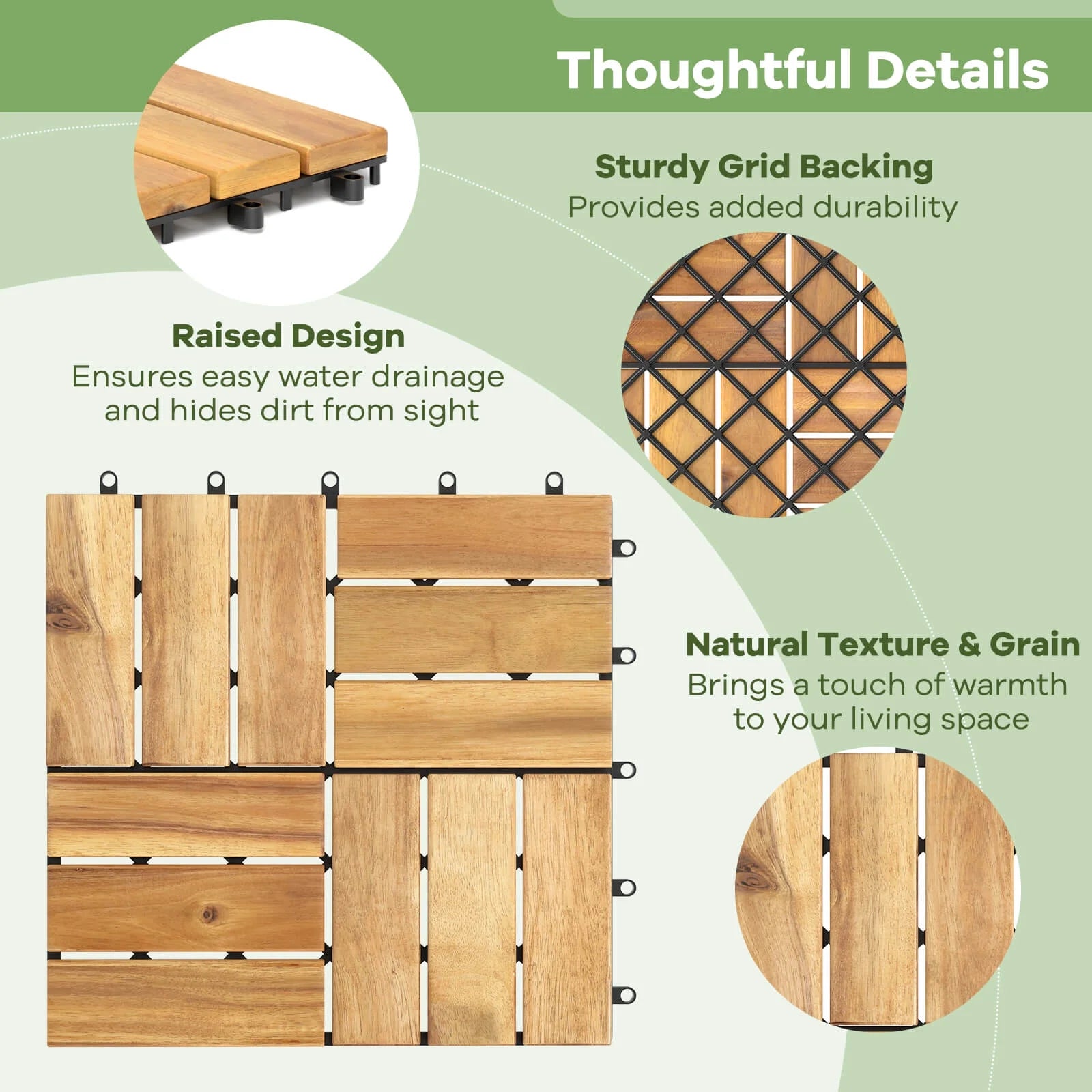 Costway 30 PCS Interlocking Flooring Tiles Floor Decking for Patio Acacia Wood Outdoor