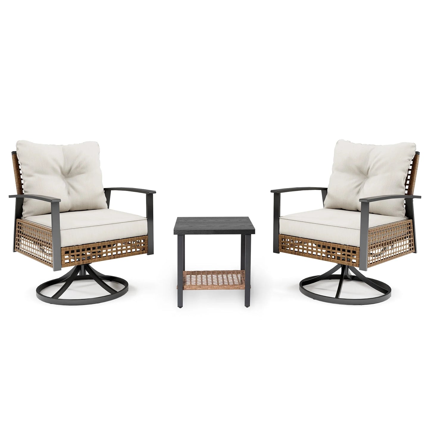 LAUSAINT HOME 3 Pieces Patio Outdoor Furniture Set with 2-Tier Coffee Table, PE Wicker Swivel & Rocking Chairs with Beige Cushions