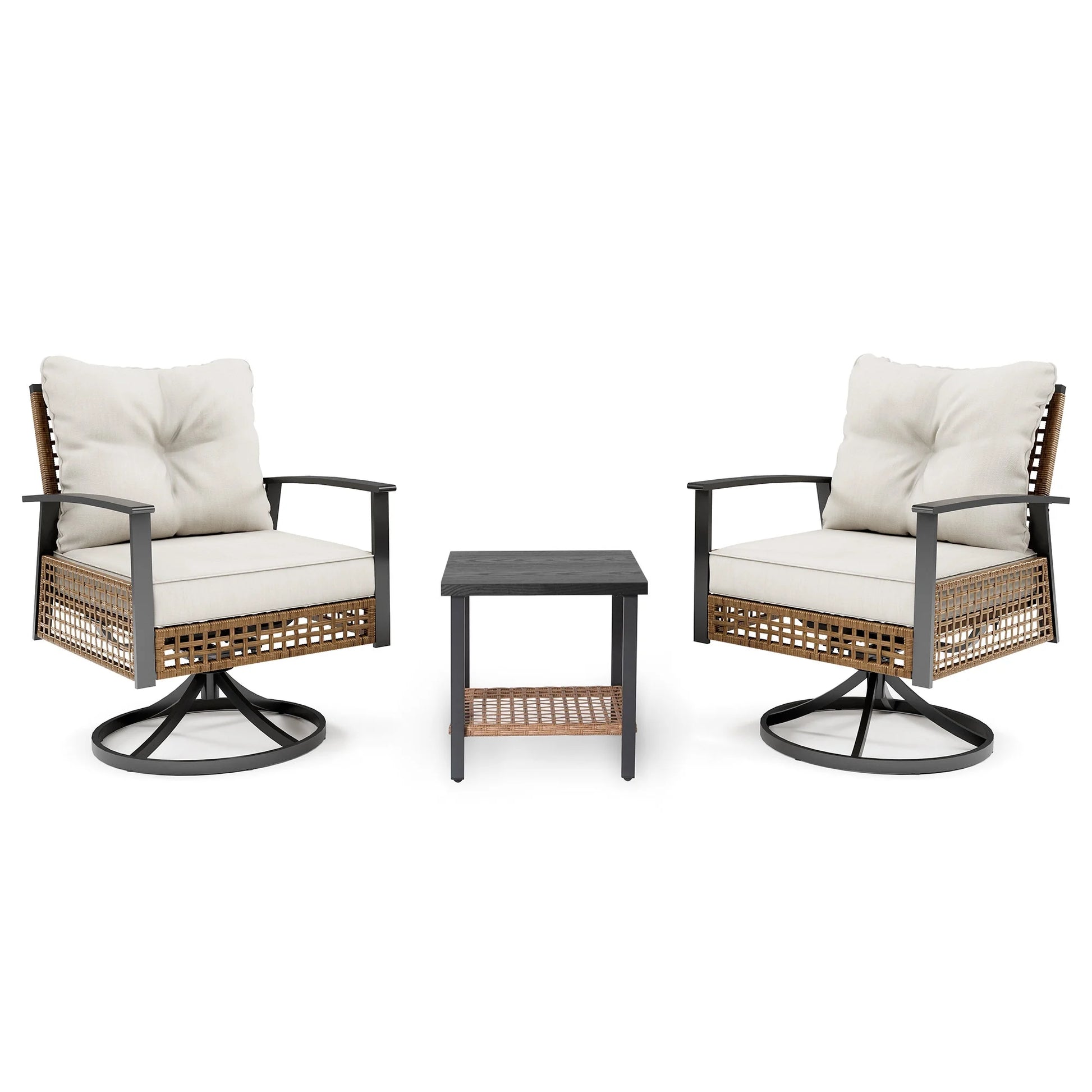 LAUSAINT HOME 3 Pieces Patio Outdoor Furniture Set with 2-Tier Coffee Table, PE Wicker Swivel & Rocking Chairs with Beige Cushions