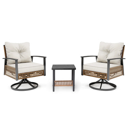 LAUSAINT HOME 3 Pieces Patio Outdoor Furniture Set with 2-Tier Coffee Table, PE Wicker Swivel & Rocking Chairs with Beige Cushions