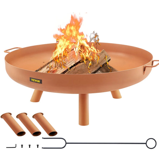 VEVOR Fire Pit Bowl, 30-inch Deep Round Carbon Steel Fire Bowl, Wood Burning for Outdoor Patios, Backyards & Camping Uses, with A Drain Hole, Portable Handles and A Firewood Stick, Brown
