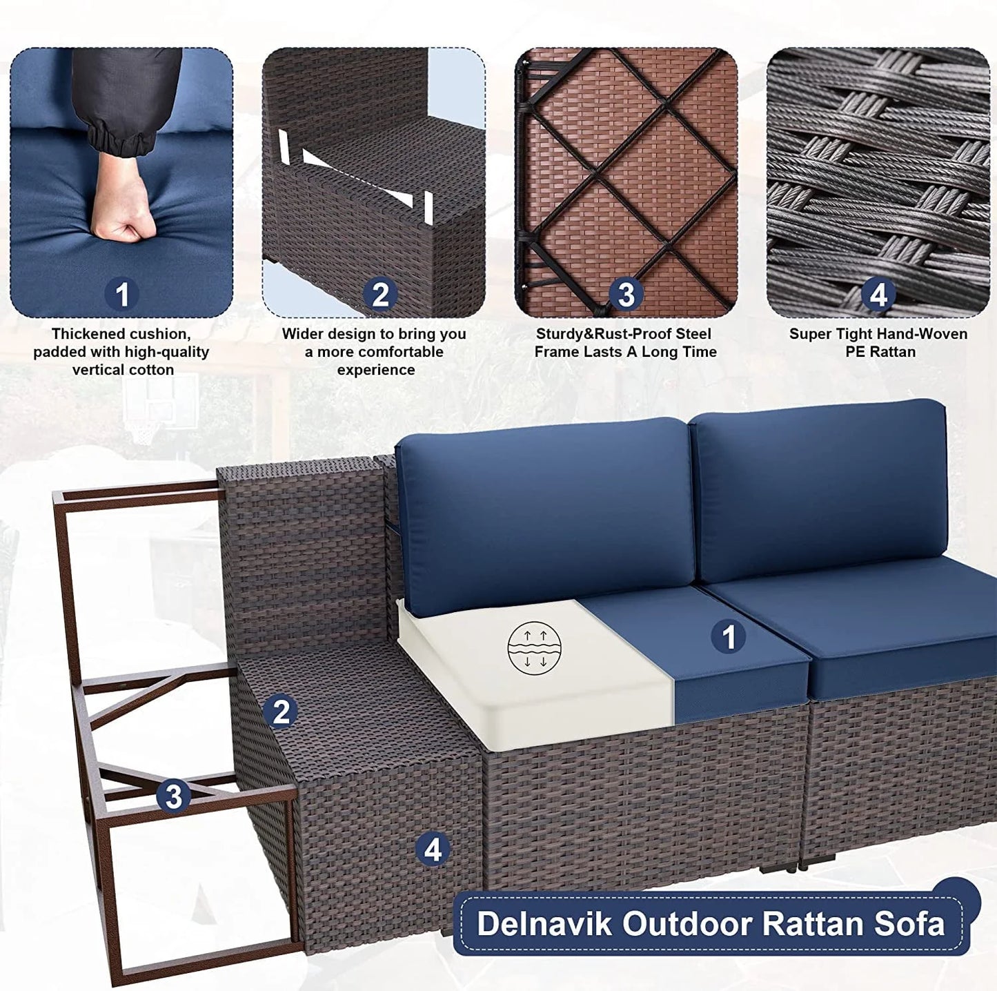 Kullavik 13 Pieces Outdoor Patio Furniture Set with Fire Pit Table Outdoor PE Rattan Wicker sectional Sofa Set,Patio Conversation Set with Coffee Table,Navy Blue