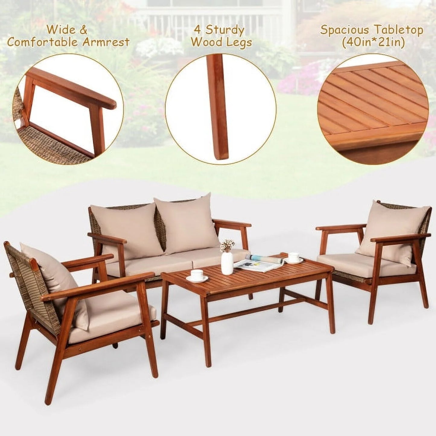 Barara King Outdoor Collection Set, Patio Conversation Table Chair Set, 4 Piece Acacia Wood Patio Rattan Furniture Set-Brown