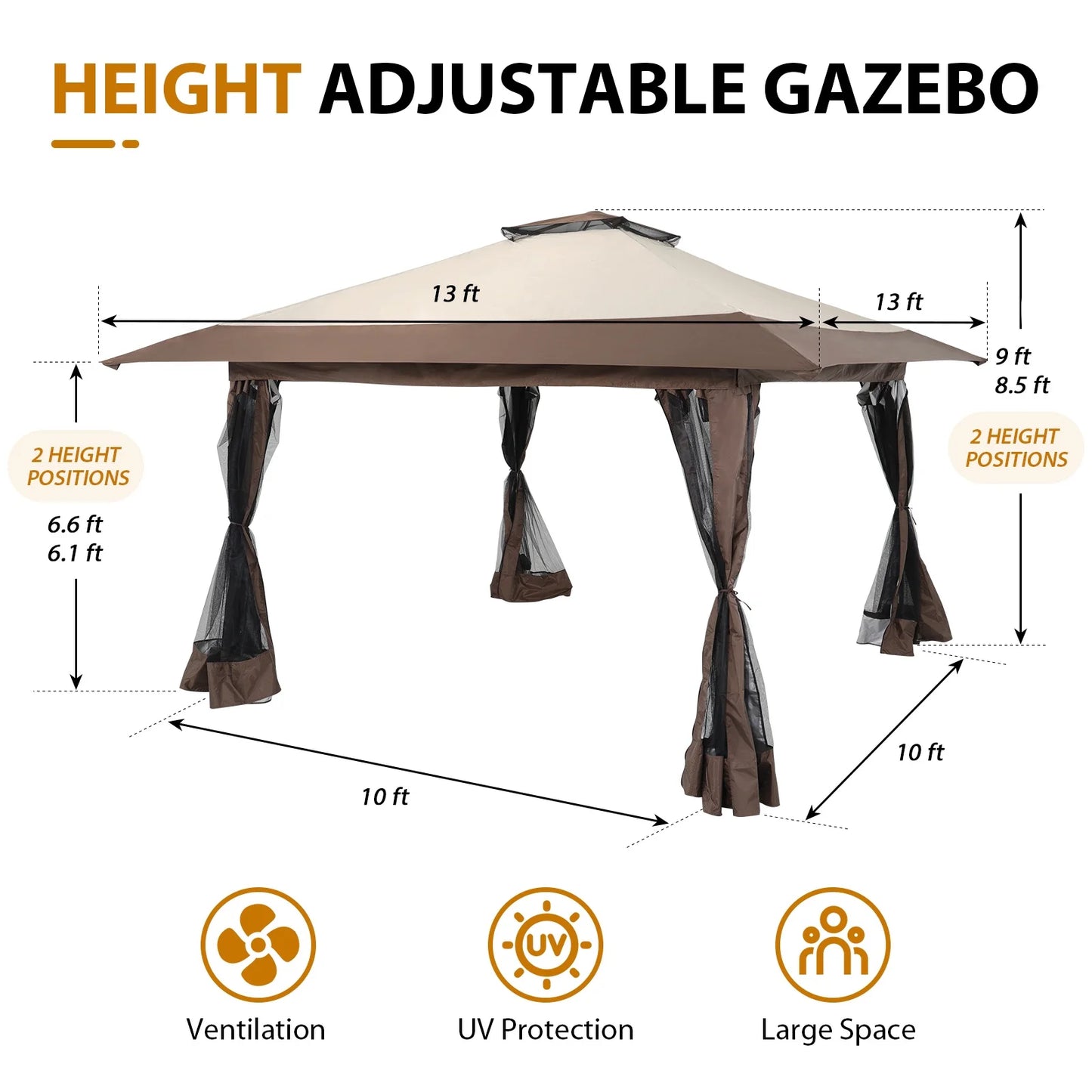 JOIVI 13'x13?Patio Gazebo, Outdoor Pop up Gazebo, Canopy Gazebo Tent Shelter with Mosquito Netting, Beige & Brown