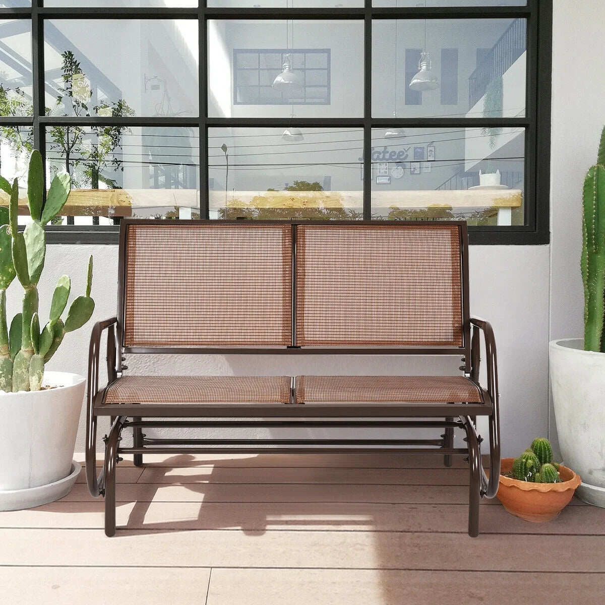 Gymax 48'' Outdoor Patio Swing Glider Bench Chair Loveseat Rocker Lounge Backyard Brown