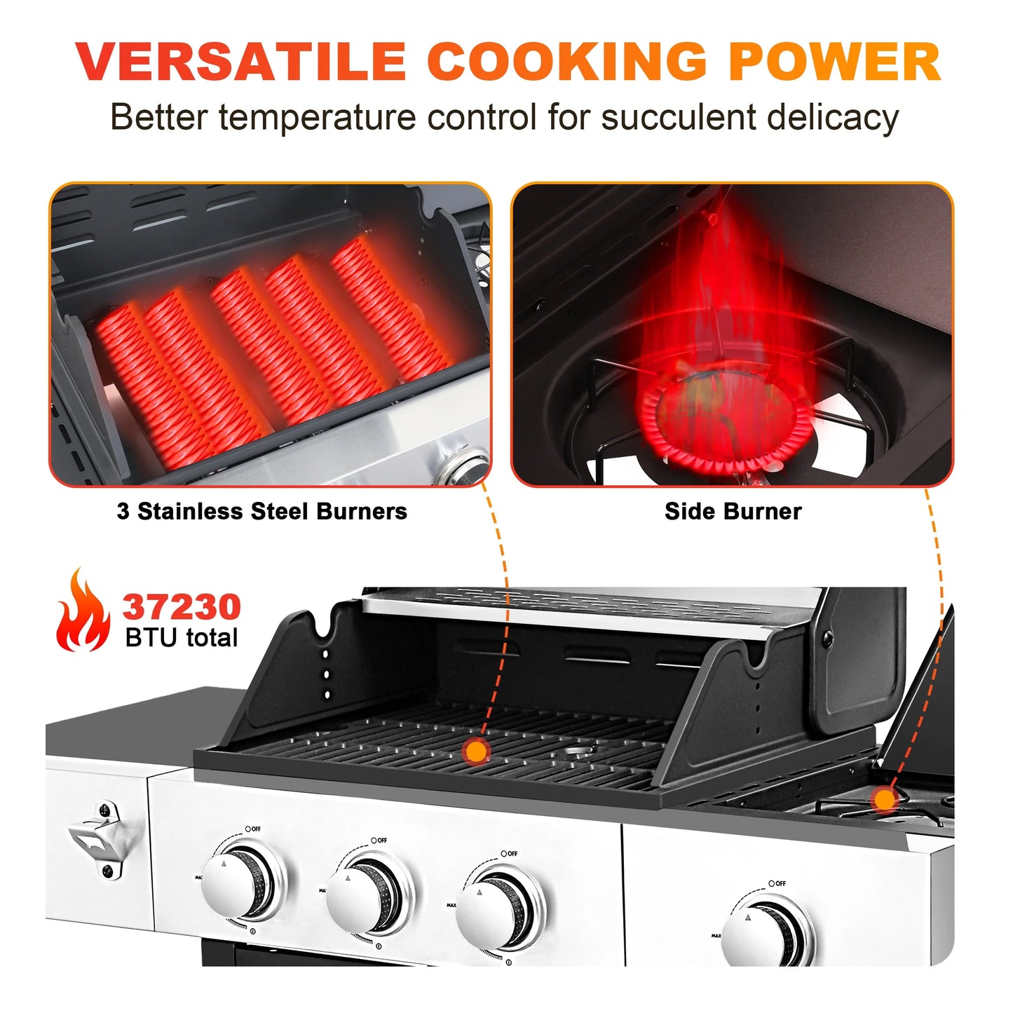 3-Burner Gas Grill with Side Burner, 37230 BTU Propane BBQ Grill with Porcelain-Enameled Cast Iron Grates, Build in Thermometer, Ideal for Patio Camping Outdoor Cooking
