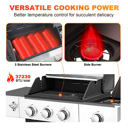 3-Burner Gas Grill with Side Burner, 37230 BTU Propane BBQ Grill with Porcelain-Enameled Cast Iron Grates, Build in Thermometer, Ideal for Patio Camping Outdoor Cooking