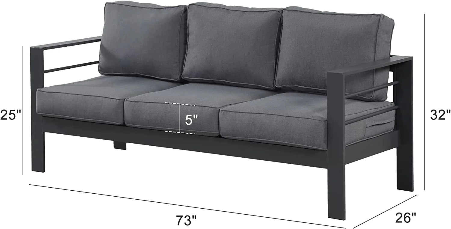 Superjoe Patio Furniture Aluminum Sofa All-Weather Outdoor 3 Seats Couch Gray Metal Chair with Dark Grey Cushions