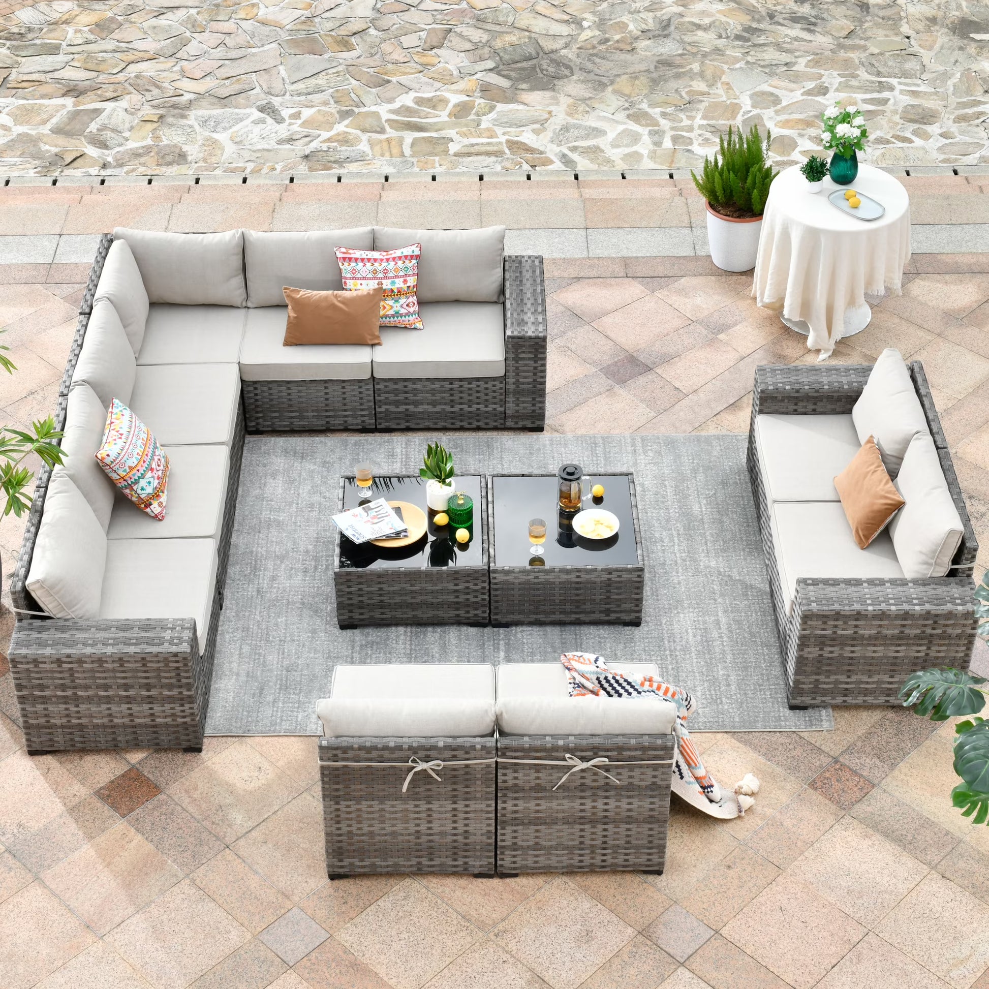 Ovios 12 Pieces Outdoor Furniture All Weather Wicker Patio Conversation Sectional Sofa Set with Side Table for Garden Backyard