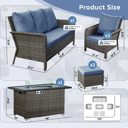 Brafab 7 Seat Outdoor Patio Furniture Set with 44" Gas Fire Pit Table, PE Wicker Patio Conversation Sets Cushioned Seat Couch Outdoor Sectional Chair Sofa Set for Yard Garden Porch