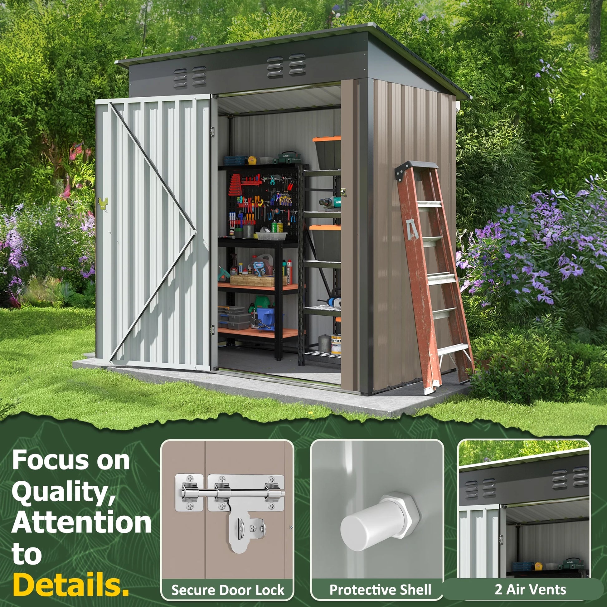 NETAJE 5'x3' Outdoor Metal Storage Shed with Updated Frame Structure and Lockable Doors for Backyard Garden Patio Lawn, Brown