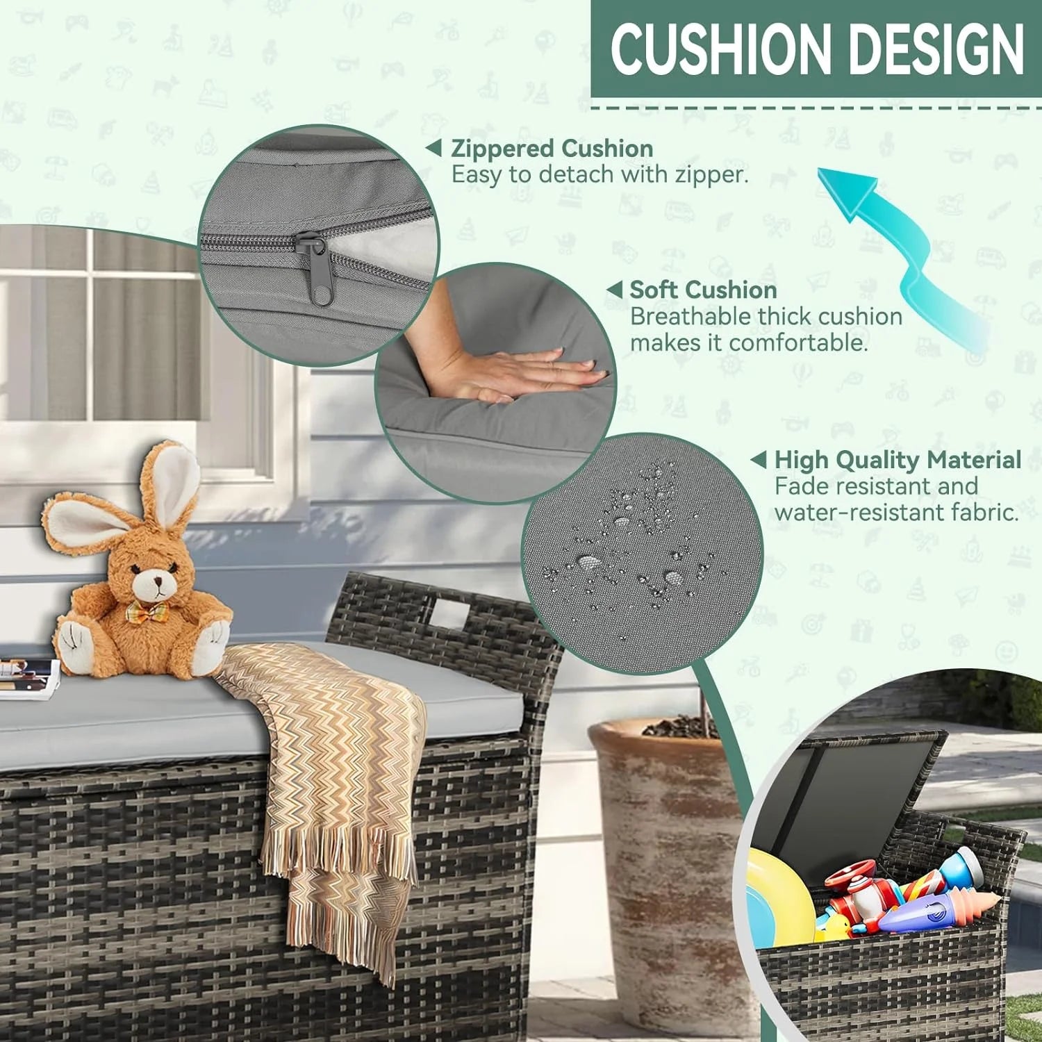 SOLAURA 90 Gallon Patio Wicker Storage Bench w/Cushion, Outdoor Rattan Deck Storage Box w/Handles & Hydraulics, Gray