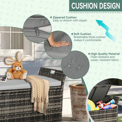 SOLAURA 90 Gallon Patio Wicker Storage Bench w/Cushion, Outdoor Rattan Deck Storage Box w/Handles & Hydraulics, Gray