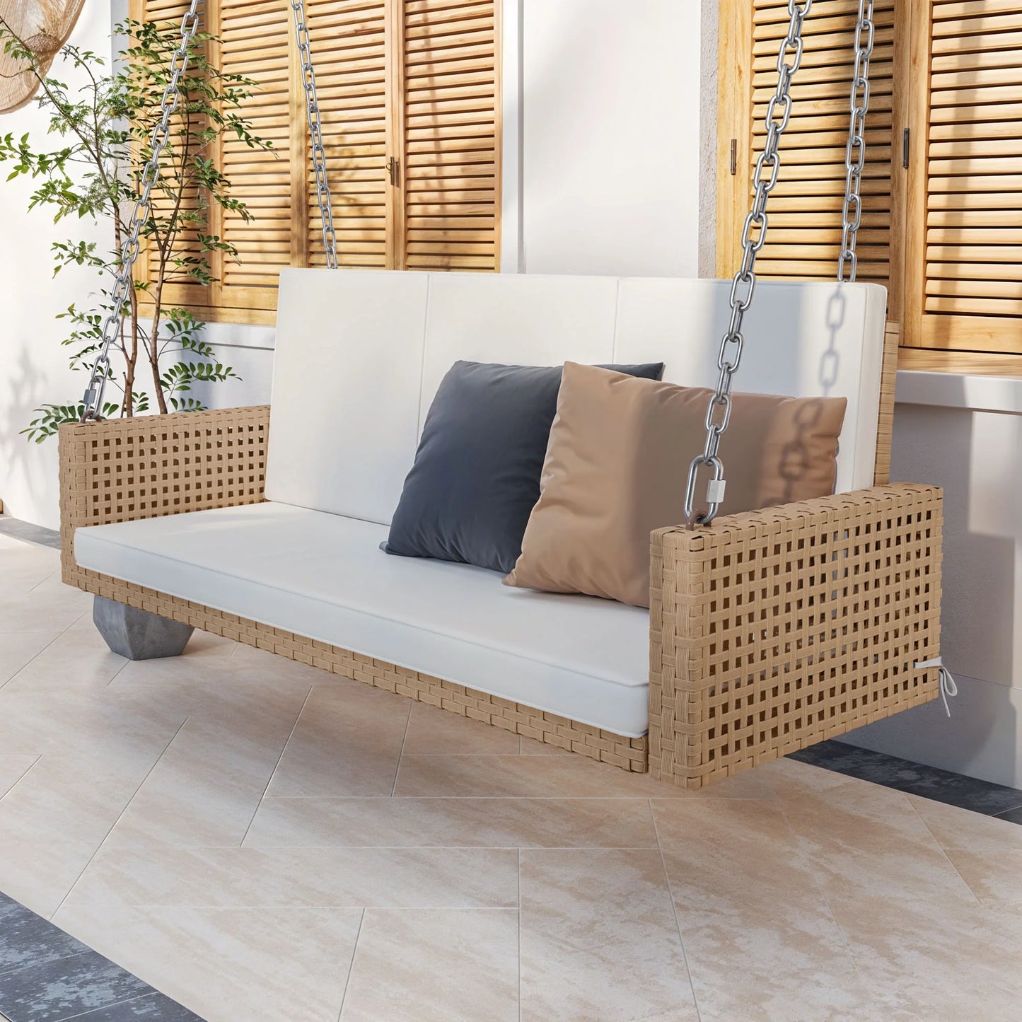 Uforic 2-Person Patio Rattan Hanging Porch Swing Bench Chair Cushion - Beige