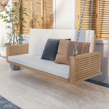 Uforic 2-Person Patio Rattan Hanging Porch Swing Bench Chair Cushion - Beige
