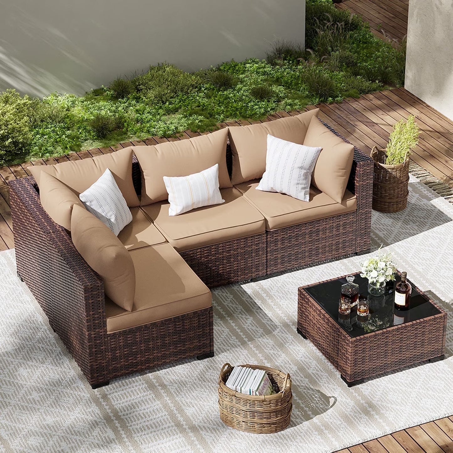 ELPOSUN Patio Furniture Set, Outdoor Patio Furniture Wicker Furniture Couch Set, 5 Pieces Outdoor Sectional Sofa, Patio Furniture Set, Outdoor Patio Set for Balcony Furniture (Grey)