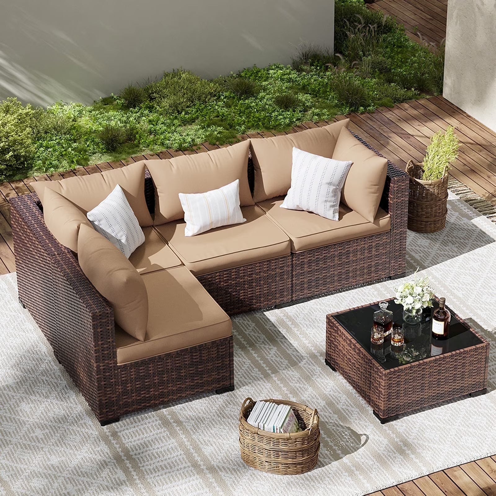 ELPOSUN Patio Furniture Set, Outdoor Patio Furniture Wicker Furniture Couch Set, 5 Pieces Outdoor Sectional Sofa, Patio Furniture Set, Outdoor Patio Set for Balcony Furniture (Grey)