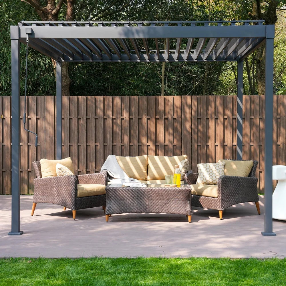 Mirador 10'x 10' Outdoor Pergola, 80S Steel Frame w/Adjustable Louvers Roof for Garden, Patio, Backyard, Dark Gray