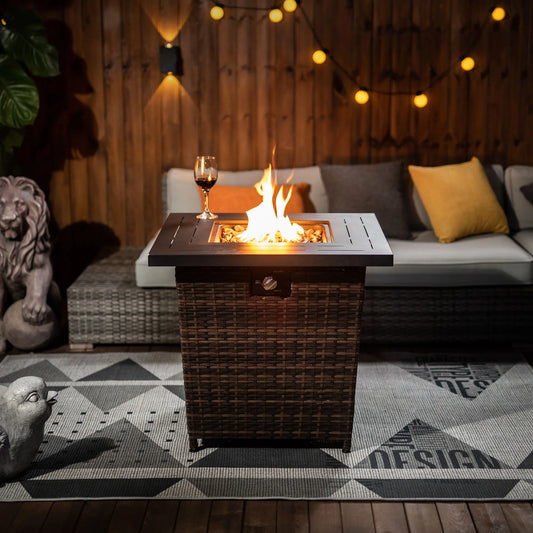 27 inch Gas Fire Pit Table, SYNGAR 2-in-1 40,000 BTU Propane Gas Fire Pit Table, Outdoor Table with Fire Pit, Propane Fire Pit with Lava Stones and Lid, for Patio, Yard, Garden, D7582