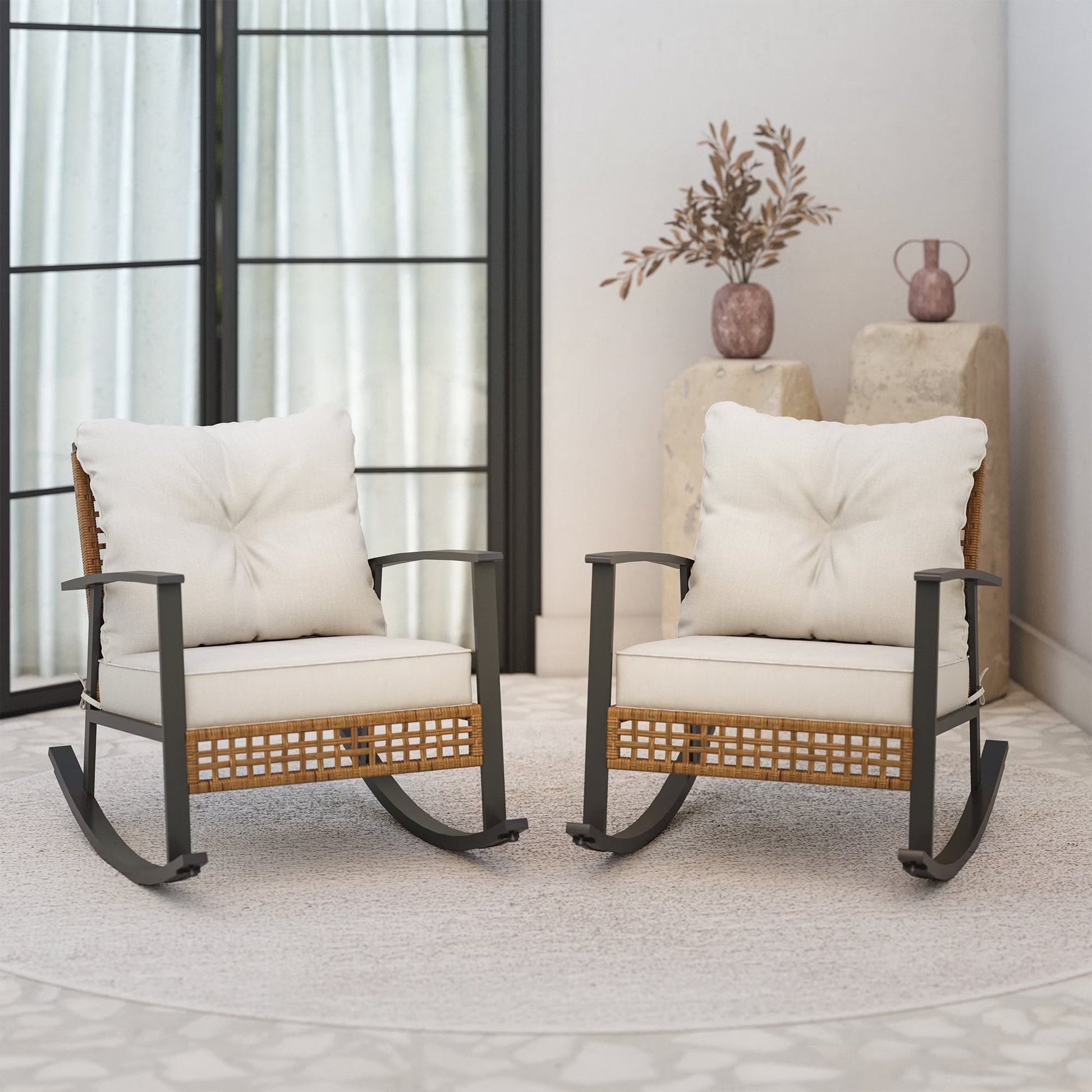 LAUSAINT HOME Outdoor Rocking Chair, Patio PE Rattan Chair with Beige Cushions