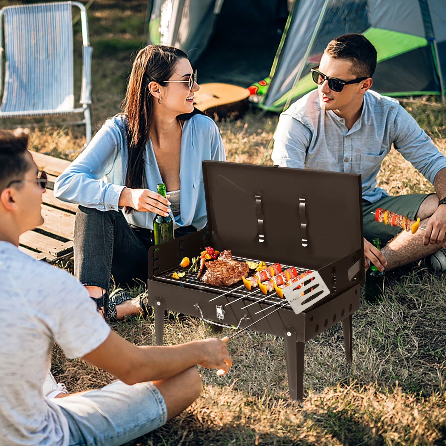 Portable BBQ Charcoal Grill for Patio, 24.4'' Charcoal Grill with Wood Shelf, Cooking Grate Charcoal Grill w/Temperature Gauge and Metal Grate, Premium Cooking Grate for Steak Chicken, Black, S5868