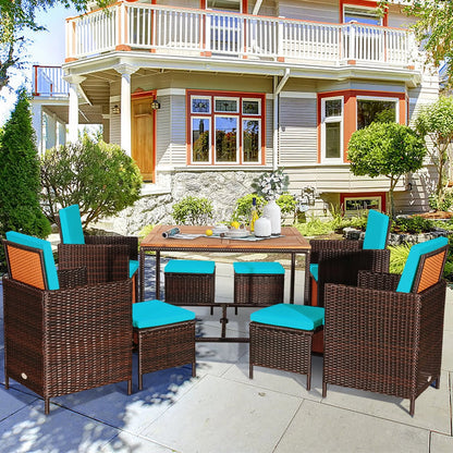 Gymax 9PCS Rattan Wicker Patio Dining Set Outdoor Furniture Set w/Turquoise Cushion
