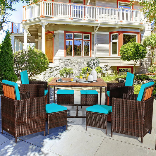 Gymax 9PCS Rattan Wicker Patio Dining Set Outdoor Furniture Set w/Turquoise Cushion
