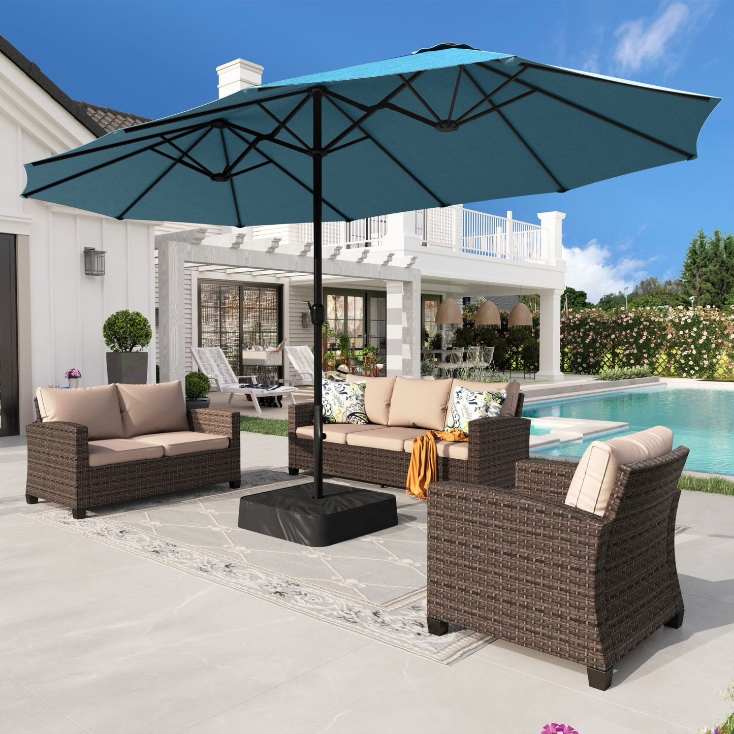 Alpha Joy 15ft Outdoor Patio Umbrella Extra-Large Double-Sided Garden Umbrella with Crank Handle and Base - Smoky Gray