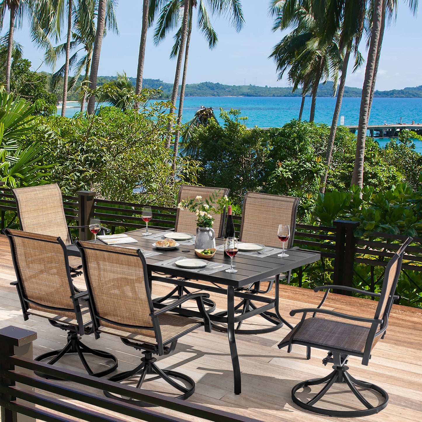 Nuu Garden 5 Piece Outdoor Patio Dining Set, Metal Patio Furniture Set 4 Textilene Swivel Chairs and 37" Square Iron Umbrella Dining Table,Black and Brown