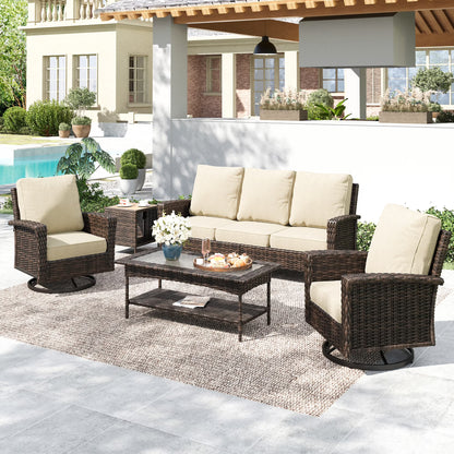 Summit Living 5-Seat Wicker Patio Furniture Set with 2 Swivel Chairs & 3-Seat Sofa with 2 pieces Coffee Table, Outdoor Rattan Sectional Conversation Set, Light-gray