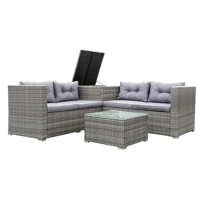 Patio Chat Set with Storage Box, 4 Piece Patio Wicker Furniture Set with Coffee Table, 2 Sofas, PE Rattan Outdoor Conversation Sectional Sofa Set with Gray Cushions for Backyard, Porch, Garden, L3579