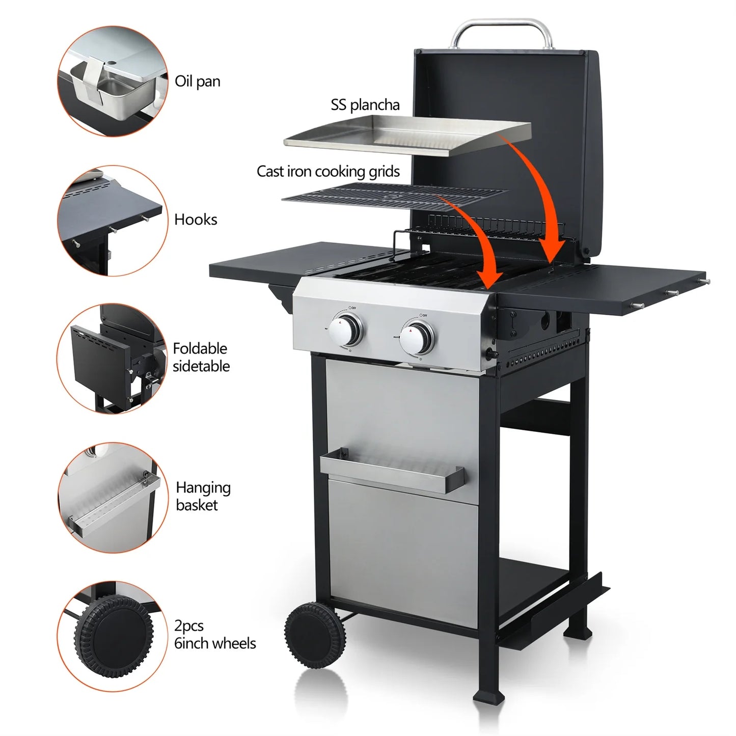 HighSound 2-Burner Propane Gas Grill, 24600 BTU Patio Garden Barbecue Grill with Stainless Steel Tray, Wire Enamel Cooking Grids & Foldable Shelves, Black