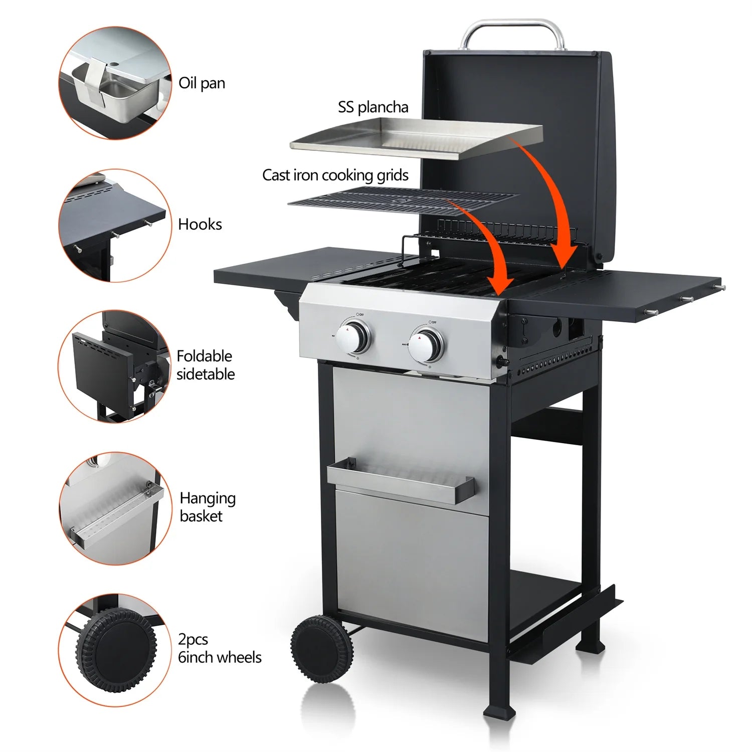 HighSound 2-Burner Propane Gas Grill, 24600 BTU Patio Garden Barbecue Grill with Stainless Steel Tray, Wire Enamel Cooking Grids & Foldable Shelves, Black
