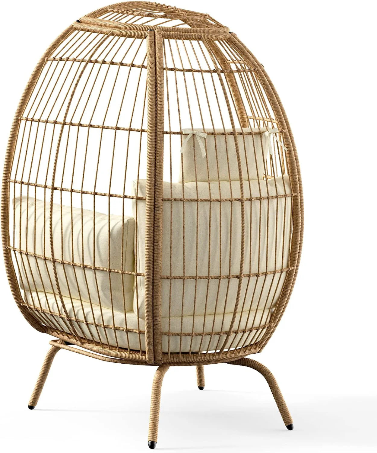 Dextrus Wicker Egg Chair Outdoor Indoor Oversized Lounger with Stand and Cushions Egg Basket Chair for Patio Backyard Porch - Beige
