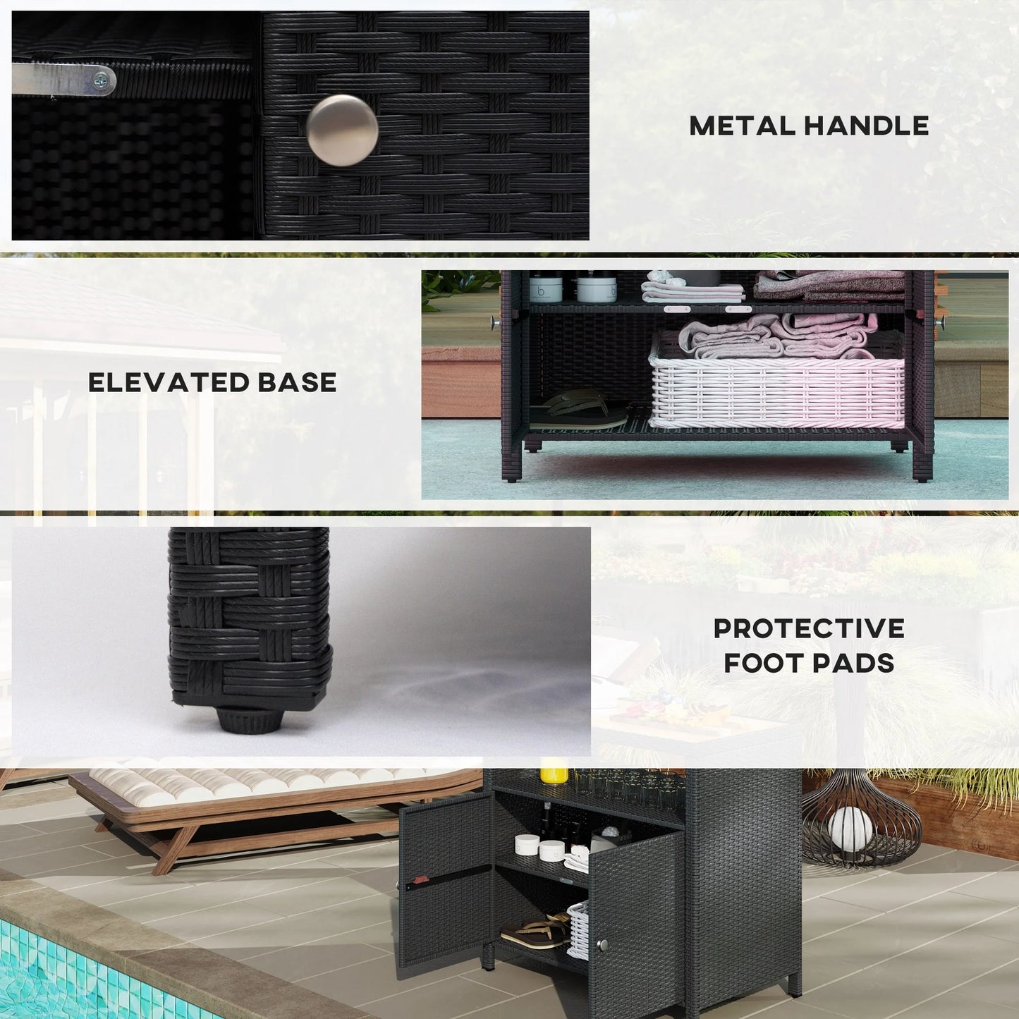 Outsunny Rattan Outdoor Storage Cabinet, Wicker Bar Table with Acacia Wood Countertop, Two Doors, Shelf, for Garden, Patio, Backyard, Black