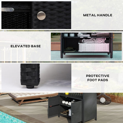 Outsunny Rattan Outdoor Storage Cabinet, Wicker Bar Table with Acacia Wood Countertop, Two Doors, Shelf, for Garden, Patio, Backyard, Black