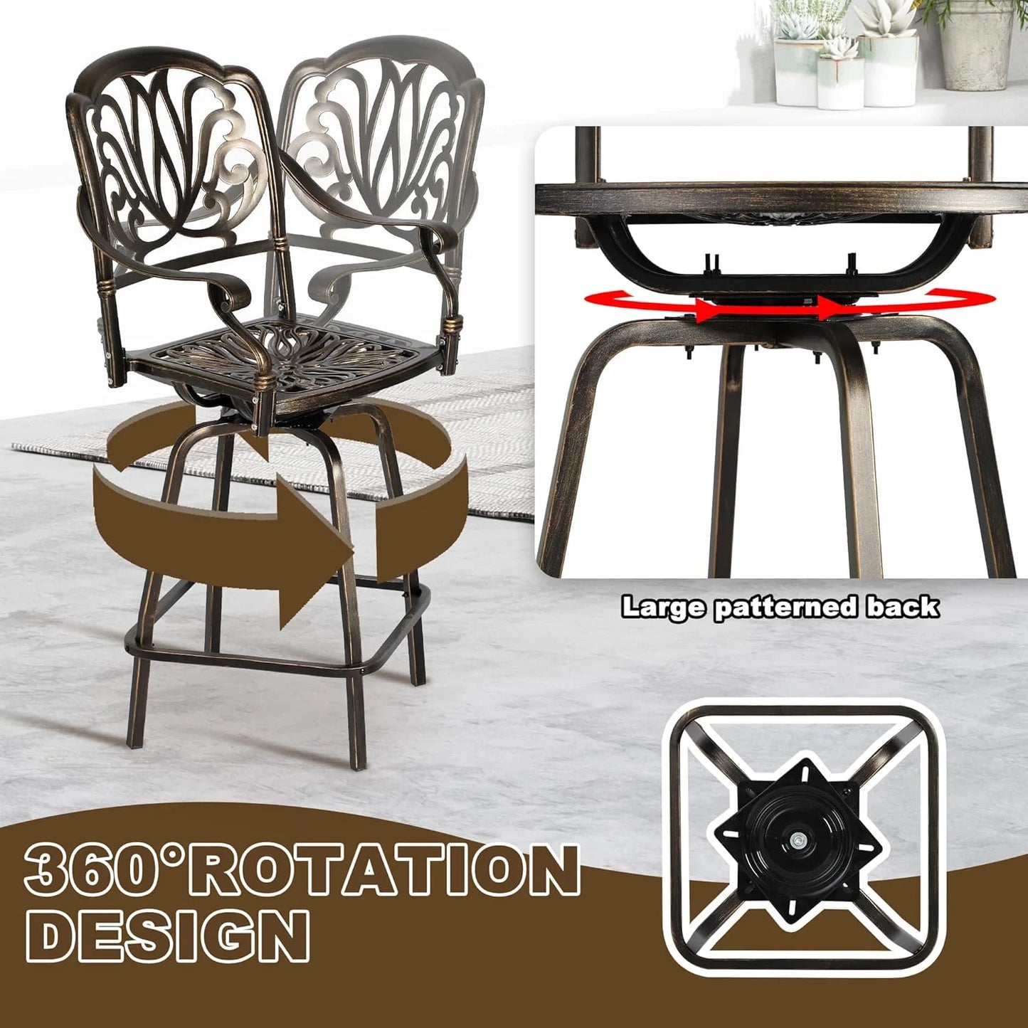 Magic Union Outdoor Cast Aluminum Swivel Bar Stools Set of 2, Patio Height Bartools Chairs, 2 Piece Patio High Dining Bistro Chairs for Garden Backyard (Without Cushion)