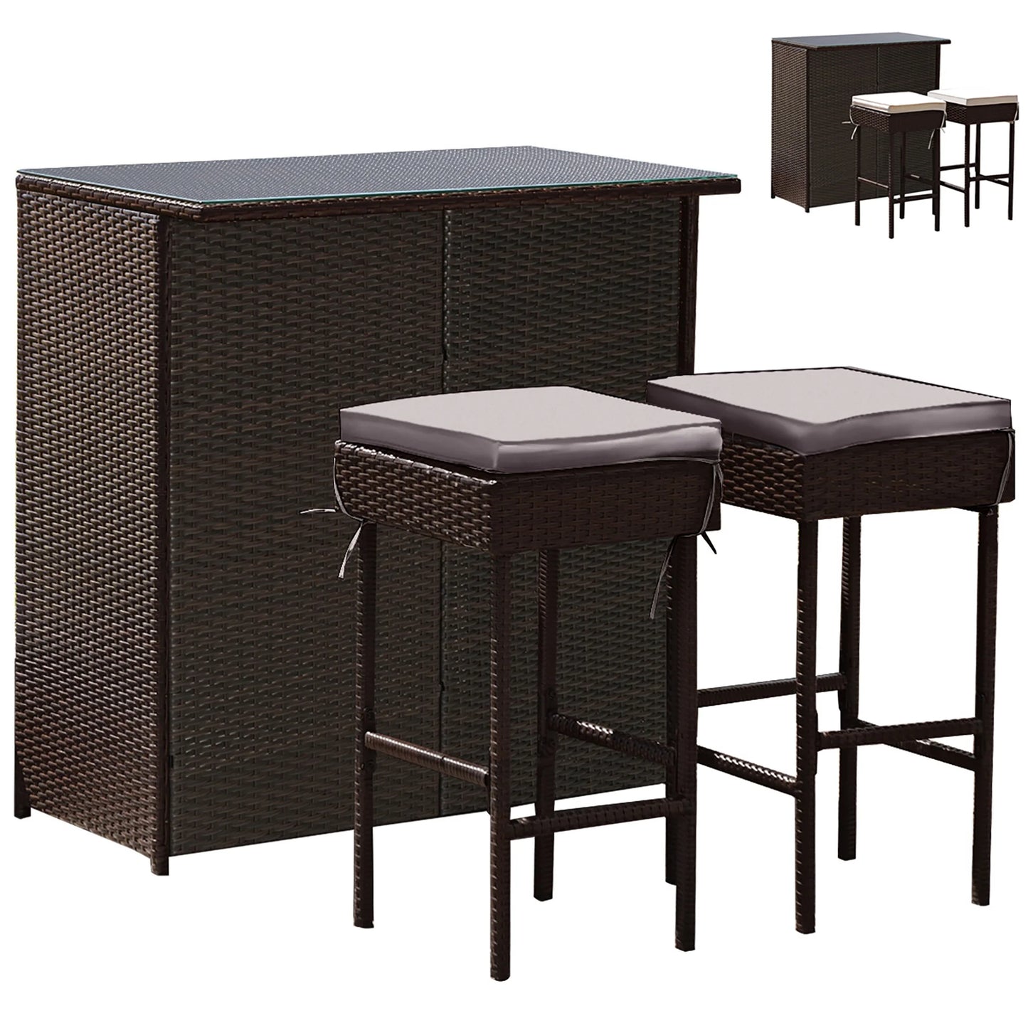 Costway Patio 3PCS Rattan Bar Table Stool Set Cushioned Chairs with Gray & Off white Cover