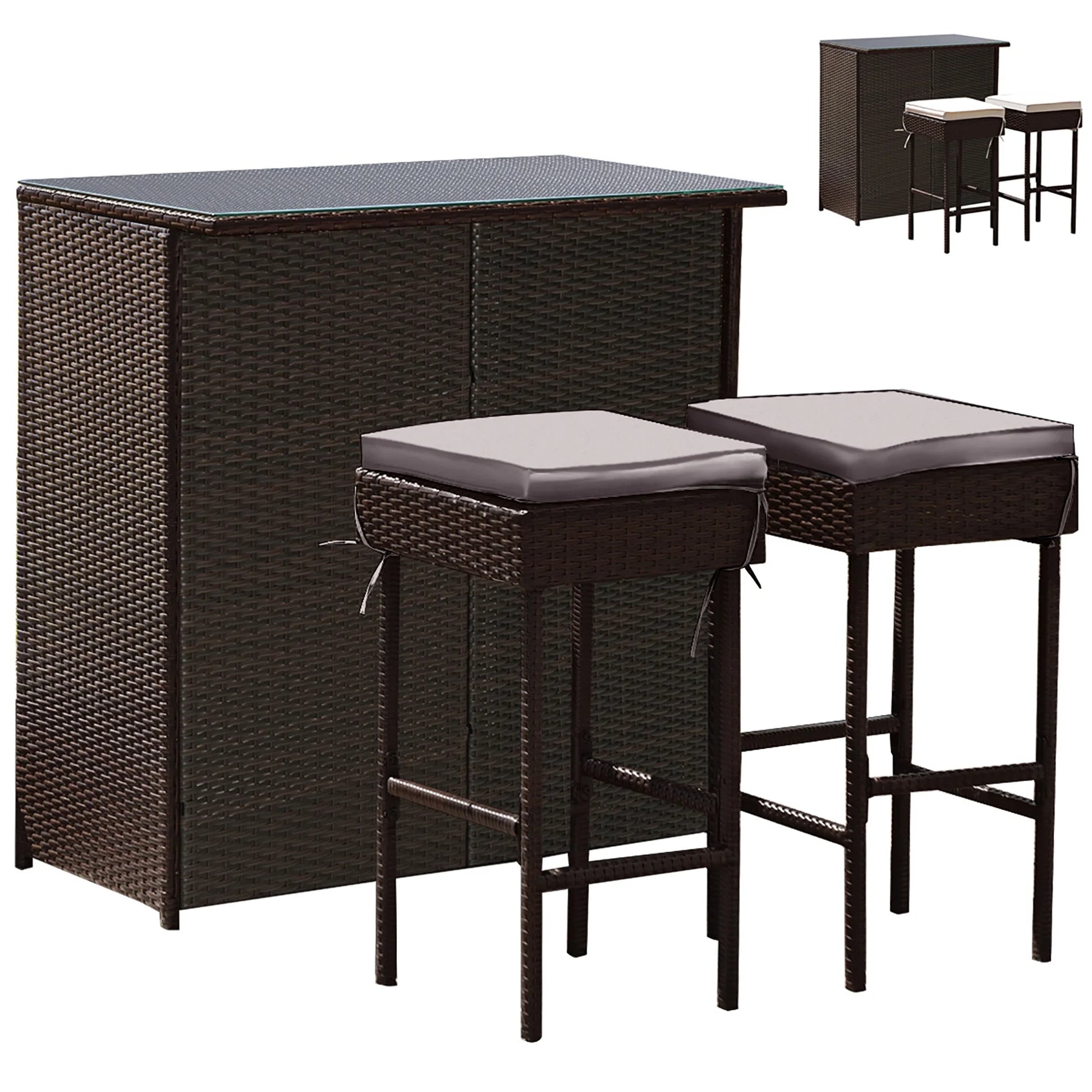 Costway Patio 3PCS Rattan Bar Table Stool Set Cushioned Chairs with Gray & Off white Cover