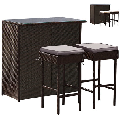 Costway Patio 3PCS Rattan Bar Table Stool Set Cushioned Chairs with Gray & Off white Cover