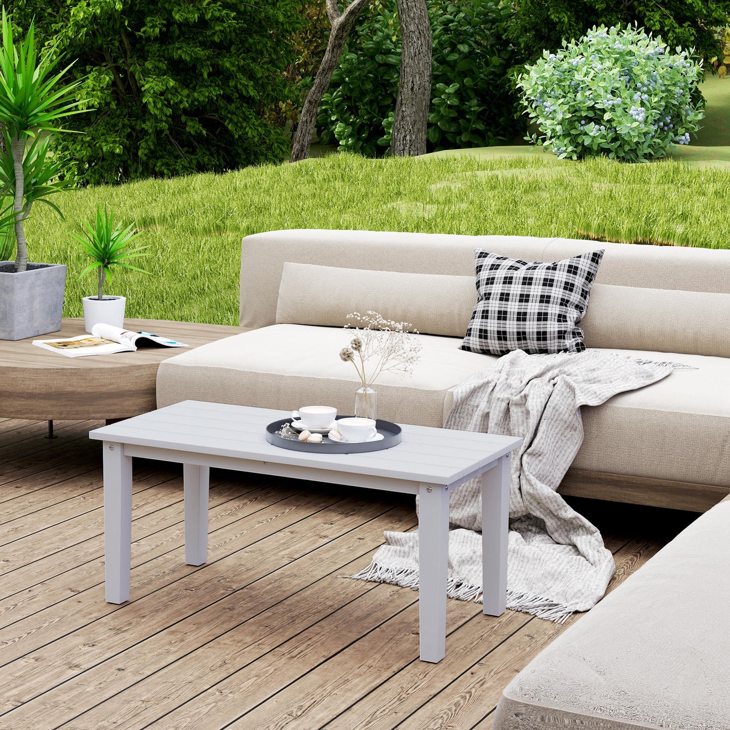ZIRAV HDPE Outdoor Coffee Table, All-Weather Rectangle Patio Coffee Table, Plastic Outdoor Patio Table with Slatted Tabletop for Garden, Balcony, Backyard,White